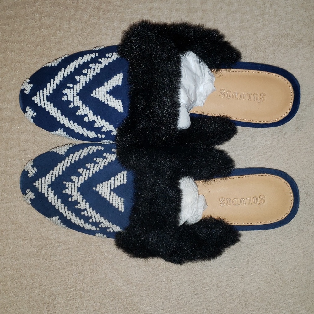 Soludos Sedona Faux Fur Beaded Leather Mule Navy 6 new In Box - Picture 8 of 12